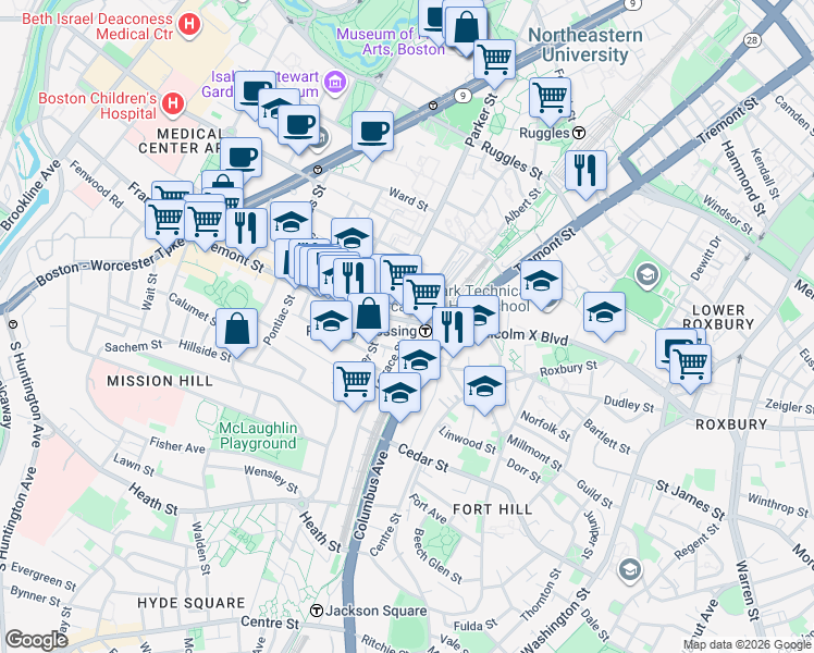 map of restaurants, bars, coffee shops, grocery stores, and more near 1400 Tremont Street in Boston