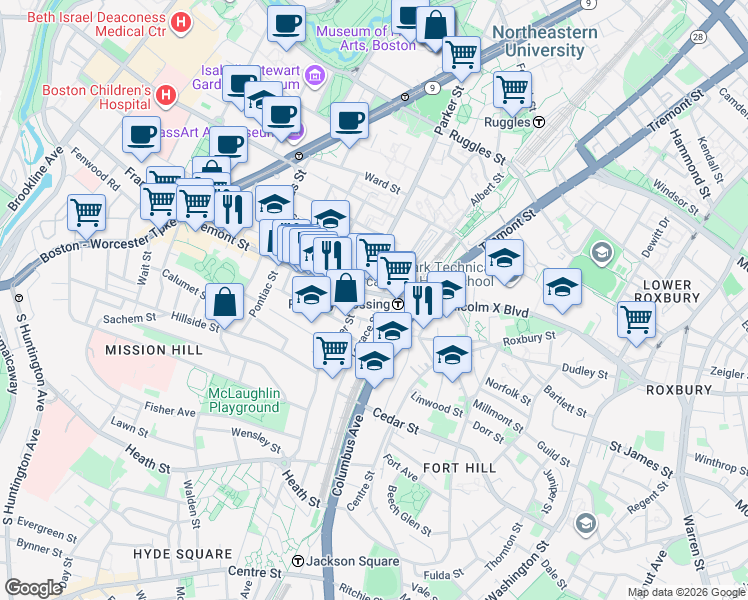map of restaurants, bars, coffee shops, grocery stores, and more near 3 Morton Place in Boston
