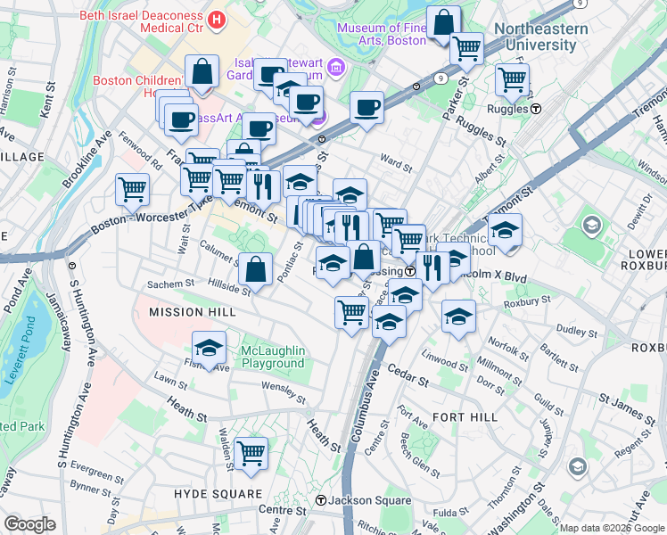map of restaurants, bars, coffee shops, grocery stores, and more near in Boston