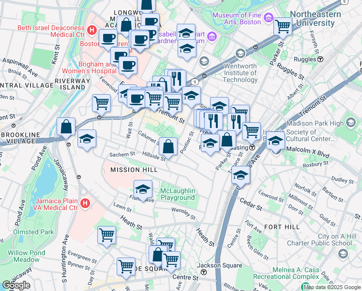 map of restaurants, bars, coffee shops, grocery stores, and more near 40 Pontiac Street in Boston