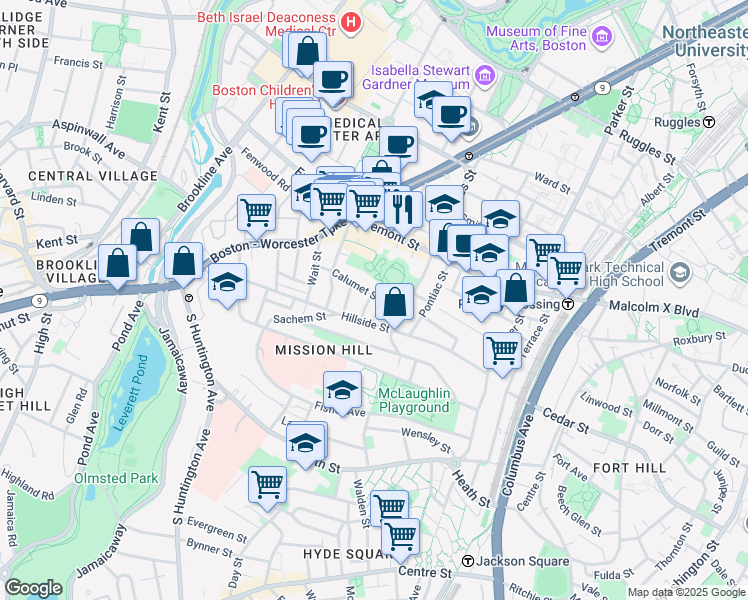 map of restaurants, bars, coffee shops, grocery stores, and more near 5 Oswald Street in Boston