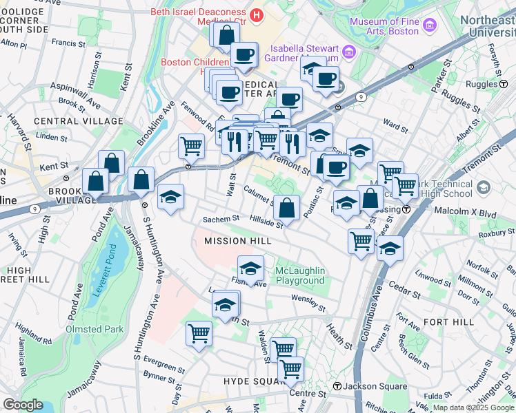 map of restaurants, bars, coffee shops, grocery stores, and more near 5 Oswald Street in Boston