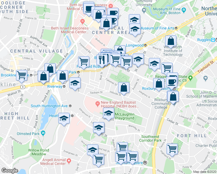 map of restaurants, bars, coffee shops, grocery stores, and more near 5 Oswald Street in Boston