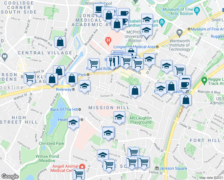 map of restaurants, bars, coffee shops, grocery stores, and more near 39 Darling Street in Boston