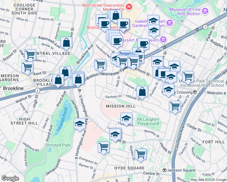 map of restaurants, bars, coffee shops, grocery stores, and more near 168 Hillside Street in Boston