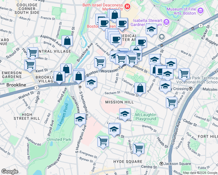 map of restaurants, bars, coffee shops, grocery stores, and more near 168 Hillside Street in Boston