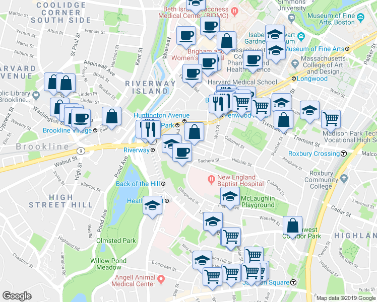 map of restaurants, bars, coffee shops, grocery stores, and more near 11 Sunset Street in Boston