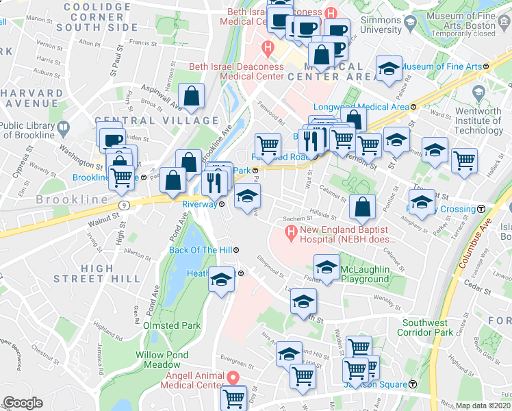 map of restaurants, bars, coffee shops, grocery stores, and more near 11 Sunset Street in Boston