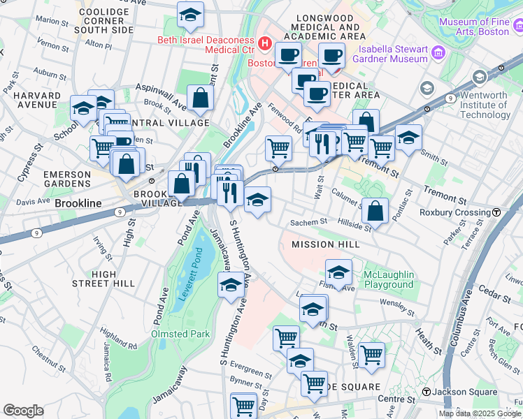 map of restaurants, bars, coffee shops, grocery stores, and more near 3 Parker Hill Terrace in Boston