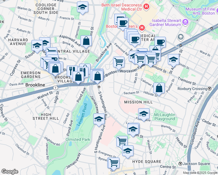 map of restaurants, bars, coffee shops, grocery stores, and more near 3 Parker Hill Terrace in Boston