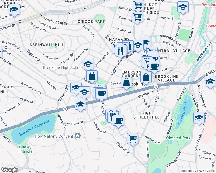 map of restaurants, bars, coffee shops, grocery stores, and more near 102 Cypress Street in Brookline