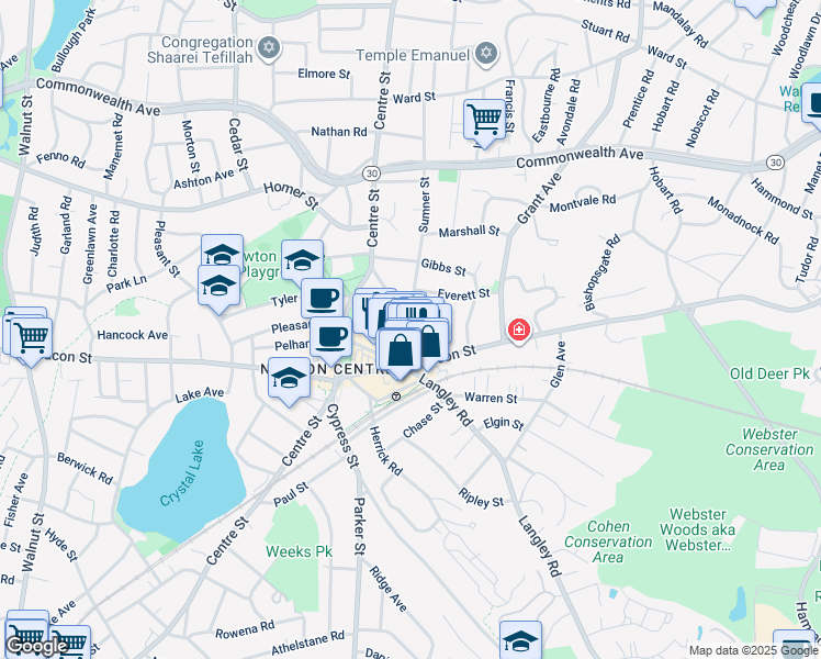 map of restaurants, bars, coffee shops, grocery stores, and more near 190 Sumner Street in Newton