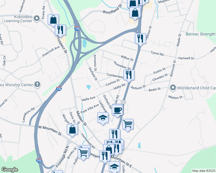 map of restaurants, bars, coffee shops, grocery stores, and more near 54 Idalla Road in Worcester