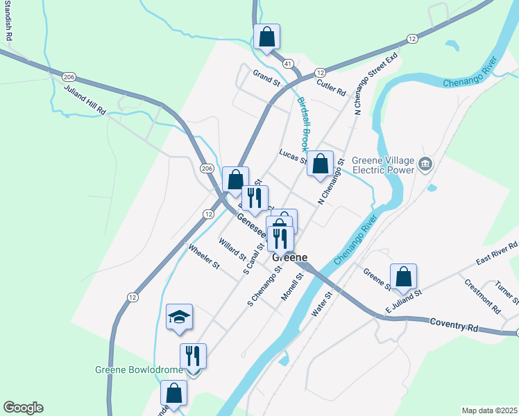 map of restaurants, bars, coffee shops, grocery stores, and more near 6 Birdsall Street in Greene