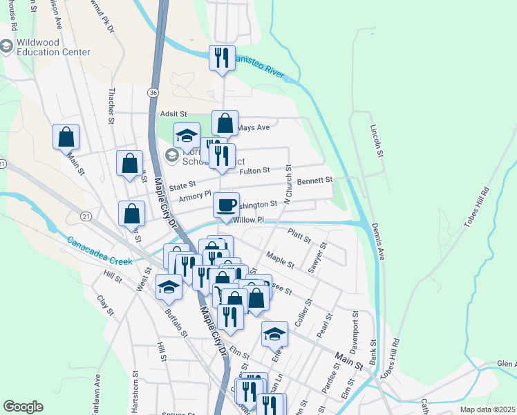 map of restaurants, bars, coffee shops, grocery stores, and more near 43 East Washington Street in Hornell