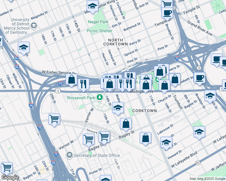 map of restaurants, bars, coffee shops, grocery stores, and more near in Detroit