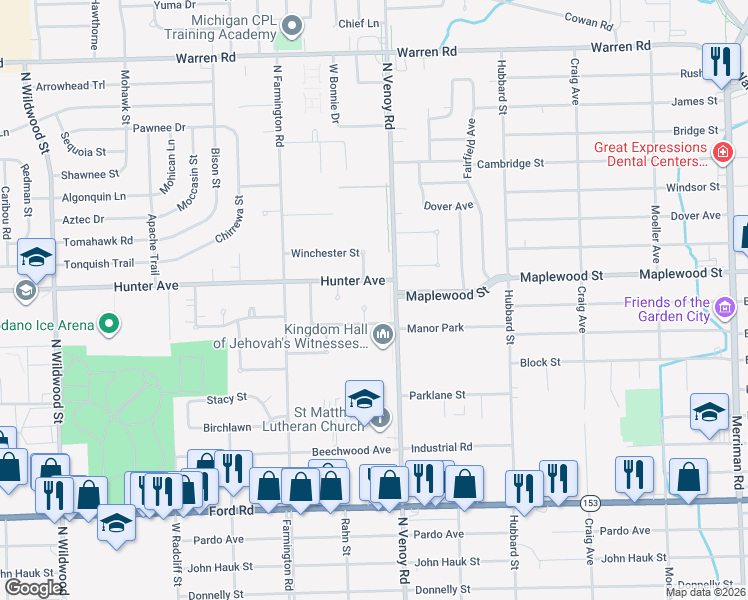 map of restaurants, bars, coffee shops, grocery stores, and more near 6361 North Venoy Road in Westland