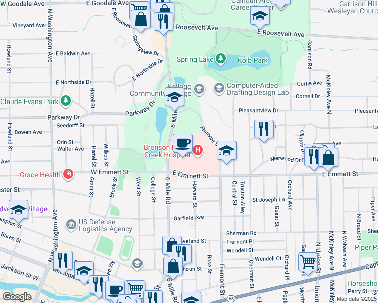 map of restaurants, bars, coffee shops, grocery stores, and more near 363 Fremont Street in Battle Creek