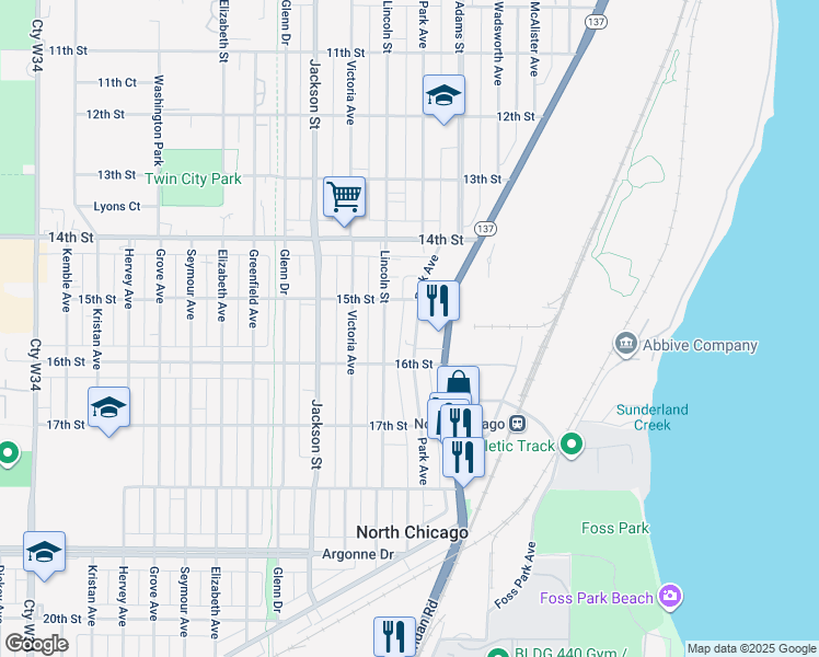 map of restaurants, bars, coffee shops, grocery stores, and more near 1522 Park Avenue in North Chicago