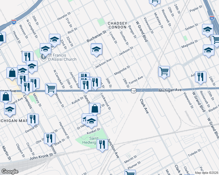 map of restaurants, bars, coffee shops, grocery stores, and more near 4708 Michigan Avenue in Detroit