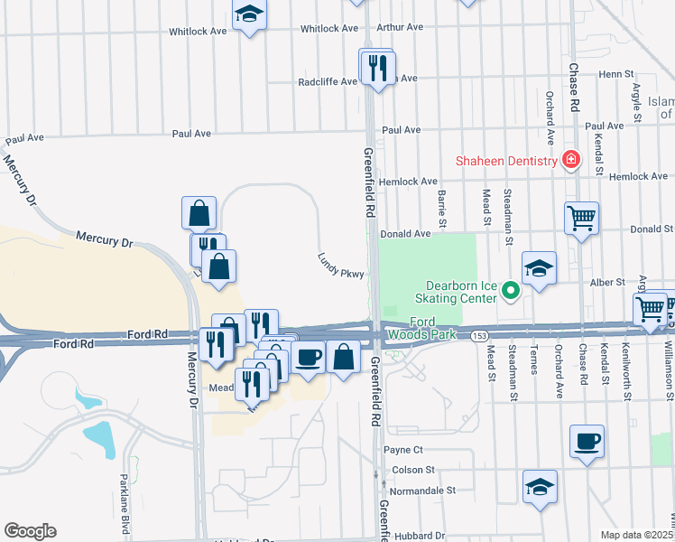 map of restaurants, bars, coffee shops, grocery stores, and more near 15555 Lundy Parkway in Dearborn