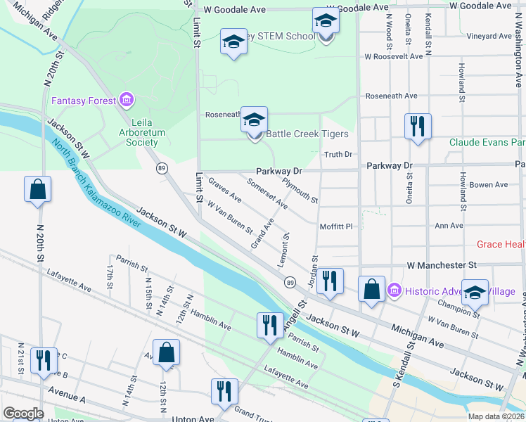 map of restaurants, bars, coffee shops, grocery stores, and more near 152 Graves Avenue in Battle Creek