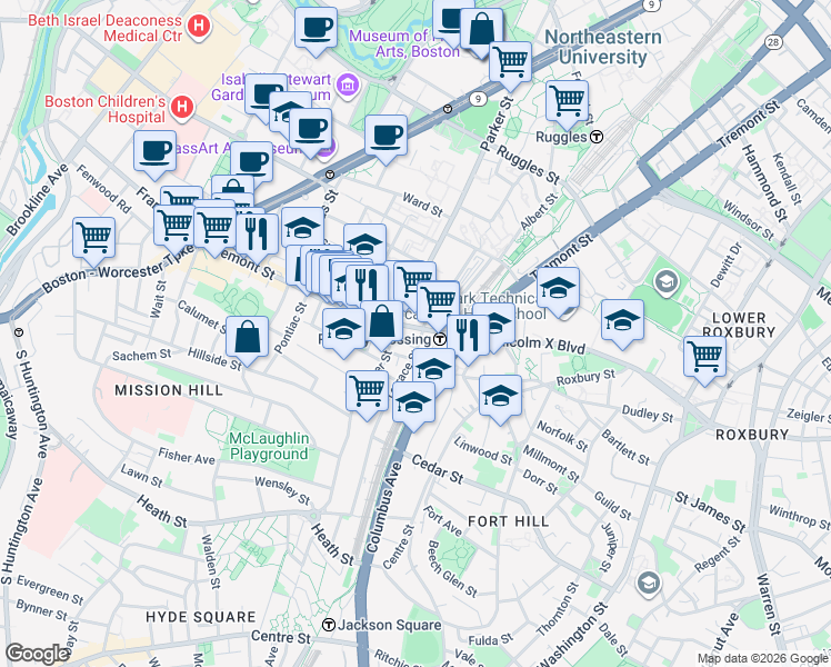 map of restaurants, bars, coffee shops, grocery stores, and more near 3 Morton Place in Boston
