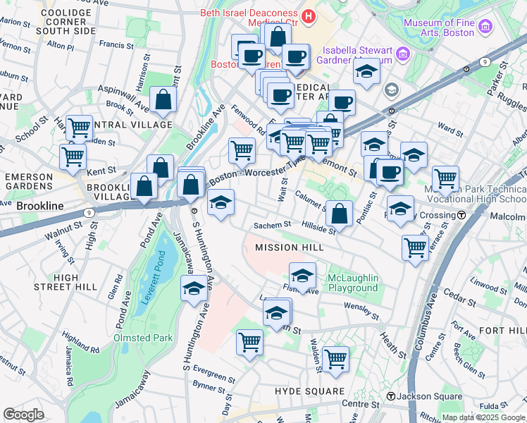 map of restaurants, bars, coffee shops, grocery stores, and more near 168 Hillside Street in Boston