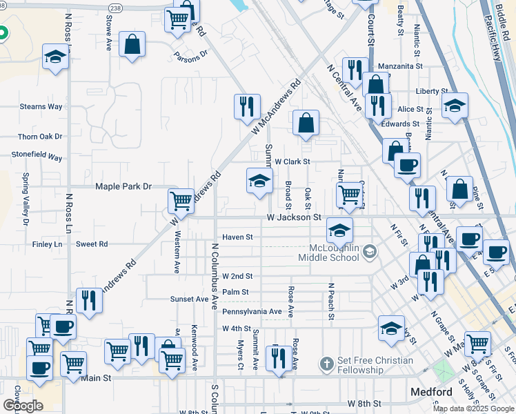 map of restaurants, bars, coffee shops, grocery stores, and more near 214 Priddy Street in Medford