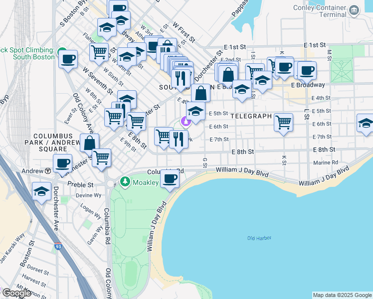 map of restaurants, bars, coffee shops, grocery stores, and more near 378 East 8th Street in Boston