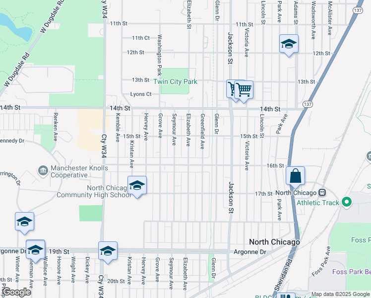 map of restaurants, bars, coffee shops, grocery stores, and more near 1522 Elizabeth Avenue in North Chicago