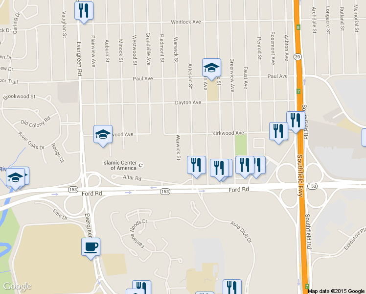 map of restaurants, bars, coffee shops, grocery stores, and more near 5768 Warwick St in Detroit