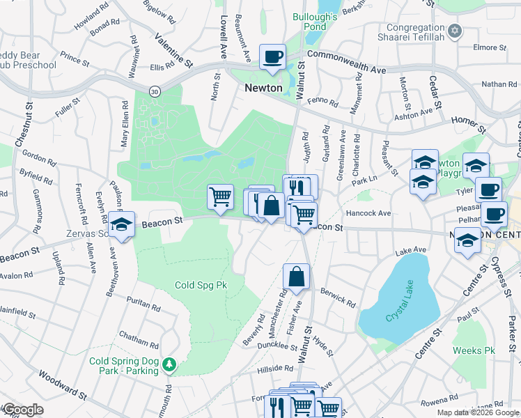 map of restaurants, bars, coffee shops, grocery stores, and more near 1143 Beacon Street in Newton