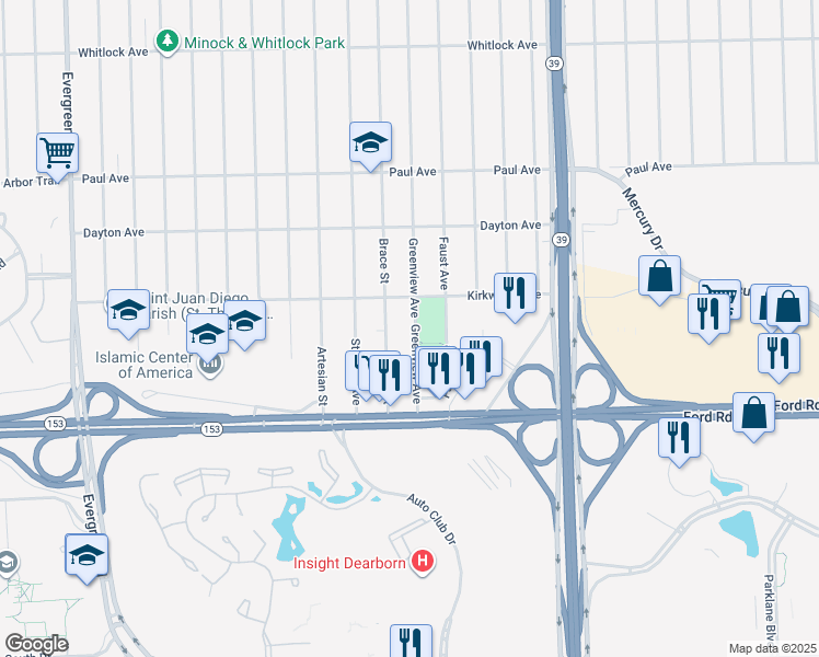 map of restaurants, bars, coffee shops, grocery stores, and more near 5773 Greenview Avenue in Detroit