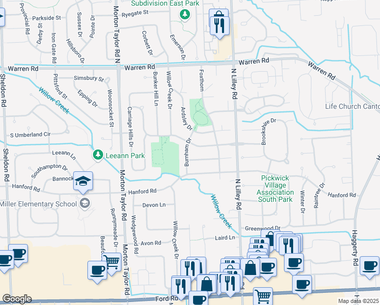 map of restaurants, bars, coffee shops, grocery stores, and more near 6642 Burnham Drive in Canton