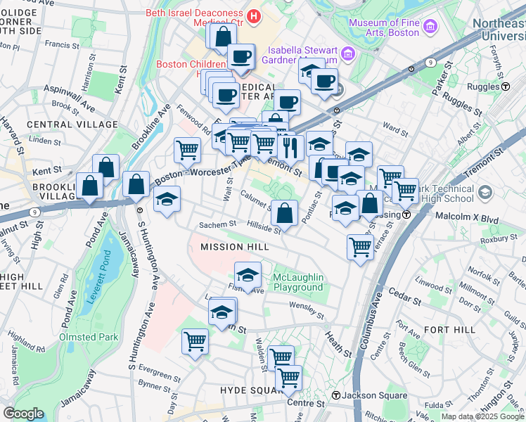 map of restaurants, bars, coffee shops, grocery stores, and more near 5 Oswald Street in Boston
