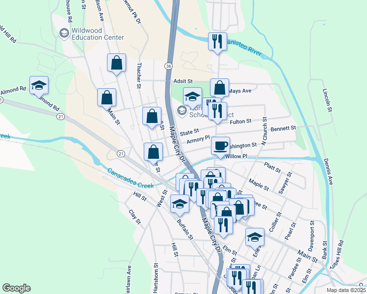 map of restaurants, bars, coffee shops, grocery stores, and more near 71 W Genesee St in Hornell