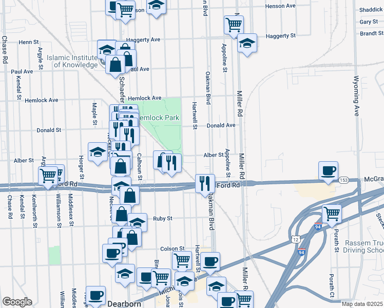 map of restaurants, bars, coffee shops, grocery stores, and more near 5805 Hartwell Street in Dearborn