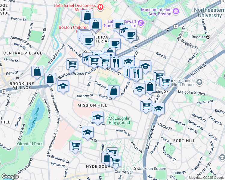 map of restaurants, bars, coffee shops, grocery stores, and more near 100 Calumet Street in Boston