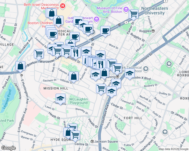map of restaurants, bars, coffee shops, grocery stores, and more near 19A Burney Street in Boston