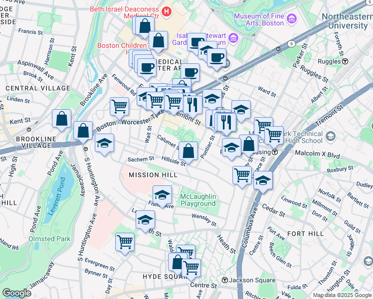 map of restaurants, bars, coffee shops, grocery stores, and more near 101 Calumet Street in Boston