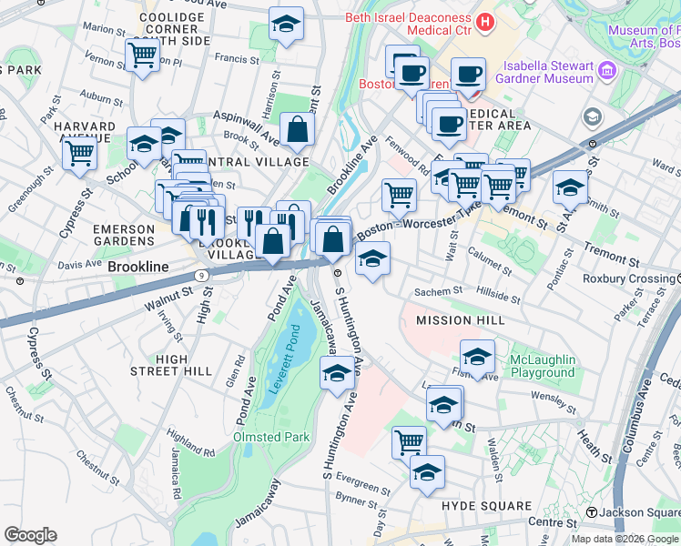 map of restaurants, bars, coffee shops, grocery stores, and more near 25-25A South Huntington Avenue in Boston