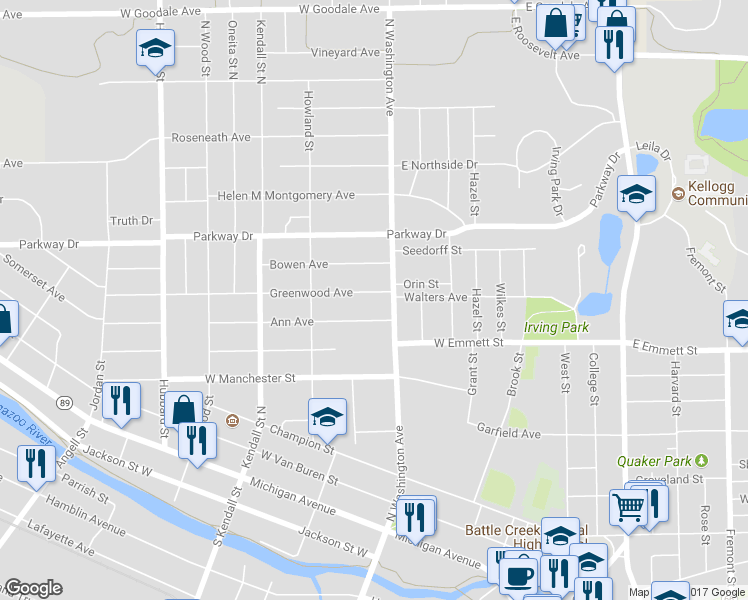 map of restaurants, bars, coffee shops, grocery stores, and more near 17 Greenwood Avenue in Battle Creek