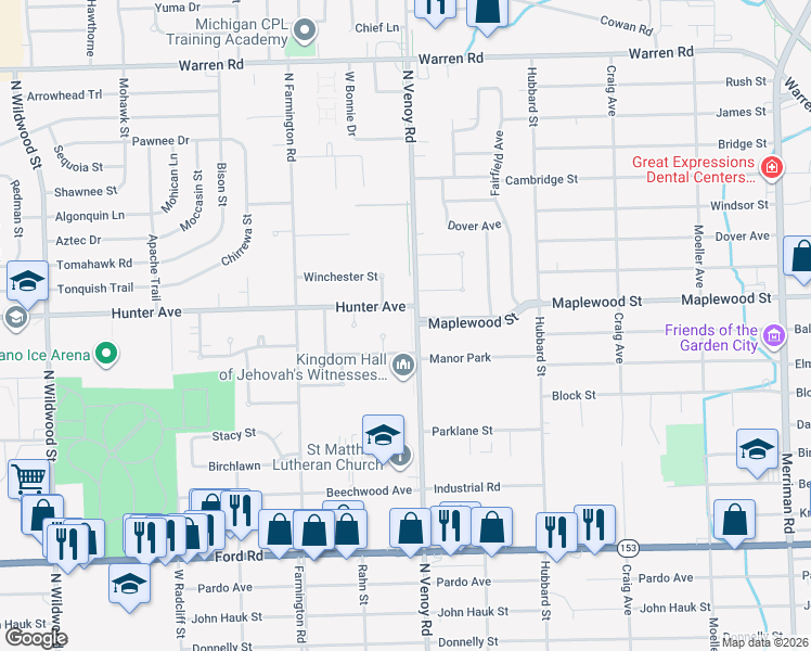 map of restaurants, bars, coffee shops, grocery stores, and more near 6361 North Venoy Road in Westland