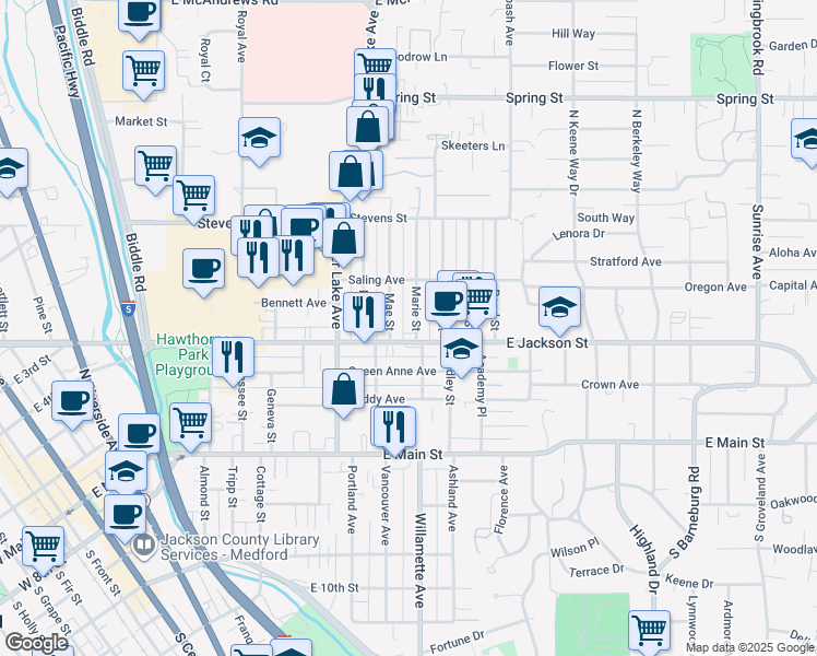map of restaurants, bars, coffee shops, grocery stores, and more near 314 Marie Street in Medford