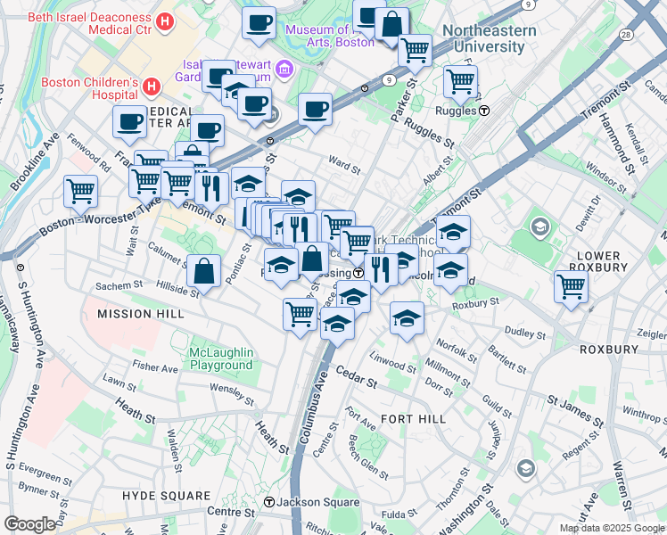 map of restaurants, bars, coffee shops, grocery stores, and more near 3 Morton Place in Boston