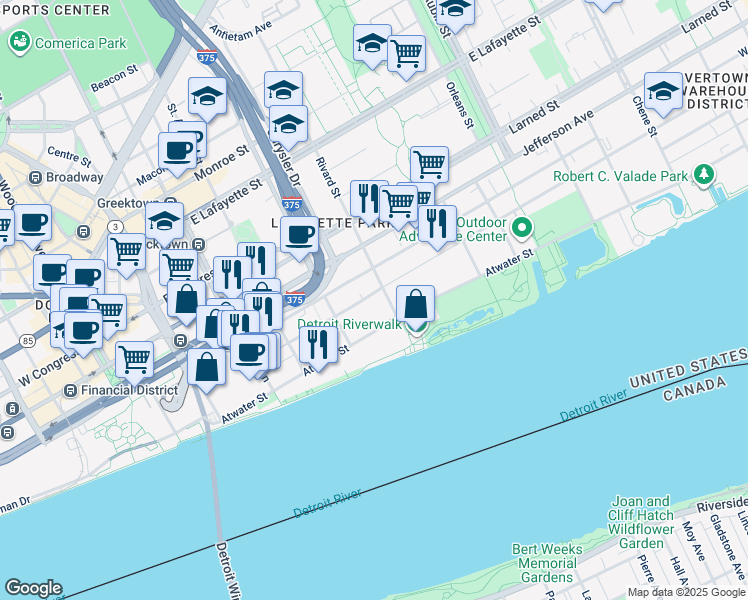 map of restaurants, bars, coffee shops, grocery stores, and more near 214 Rivard Street in Detroit