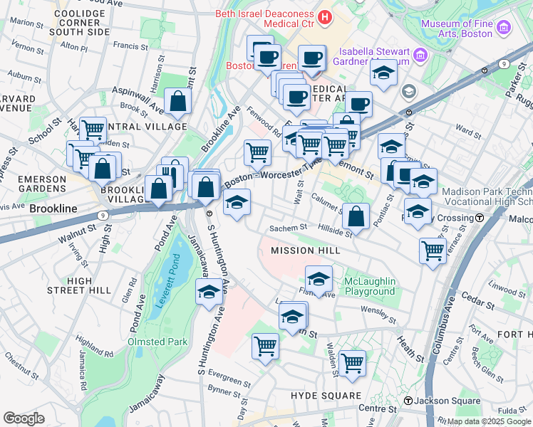 map of restaurants, bars, coffee shops, grocery stores, and more near 8 Sunset Street in Boston