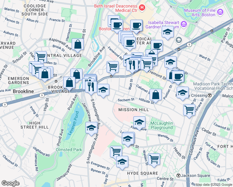 map of restaurants, bars, coffee shops, grocery stores, and more near 8 Sunset Street in Boston