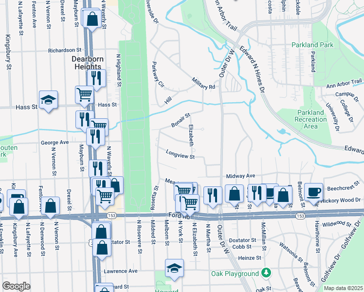 map of restaurants, bars, coffee shops, grocery stores, and more near 23333 Suncrest St in Dearborn Heights
